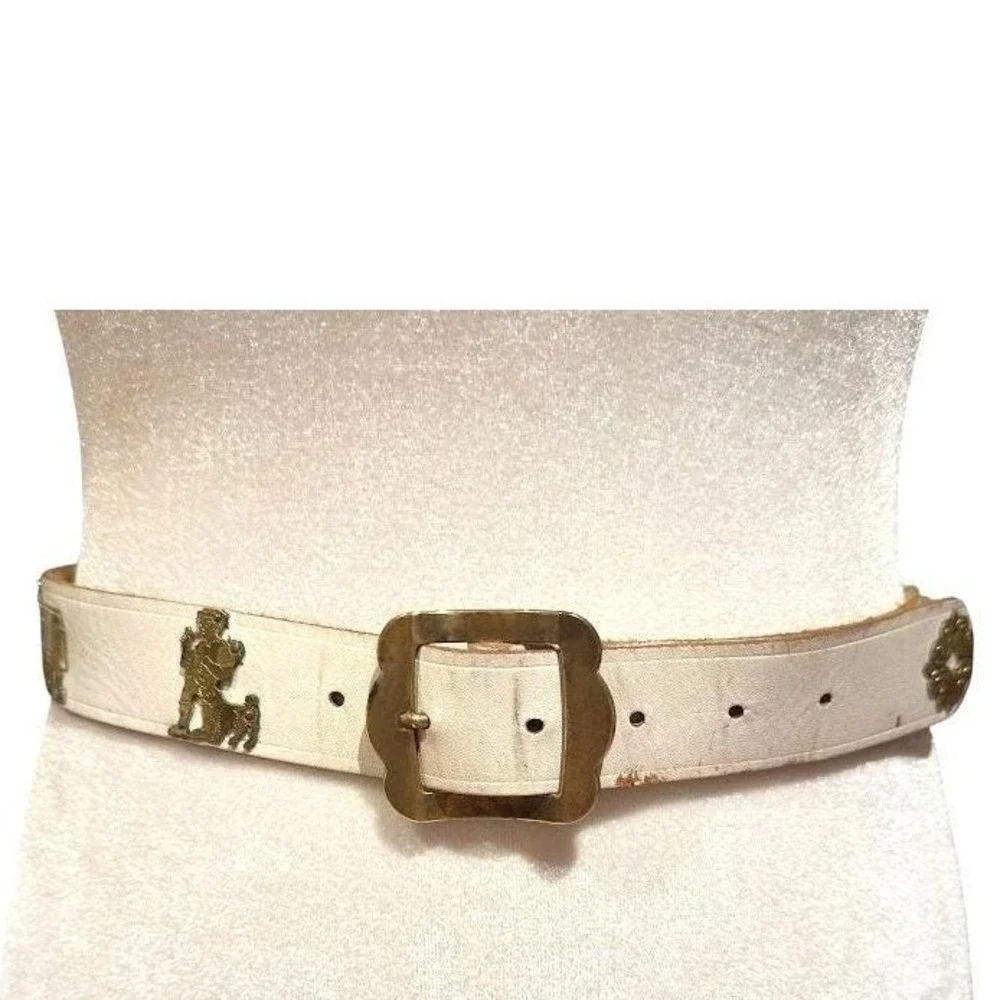Vintage White‎ Leather Belt Brass Cow Herder Swiss Folk Art Cottagecore 33 Inch